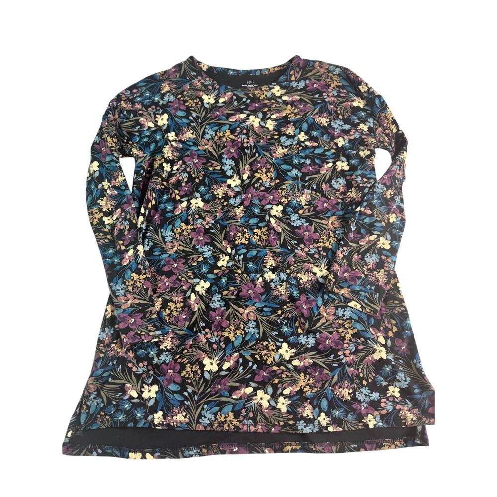 J Jill Simply Supima Tunic Medium Tall Black Floral 100% Cotton Long Sleeve